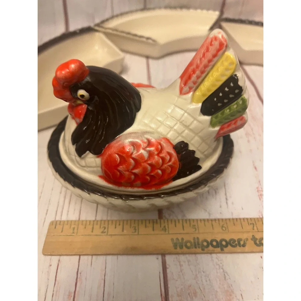 Vintage Lazy‎ Susan Red Rooster / Hen Metlox Poppytail Vtg Ceramic Relish Tray